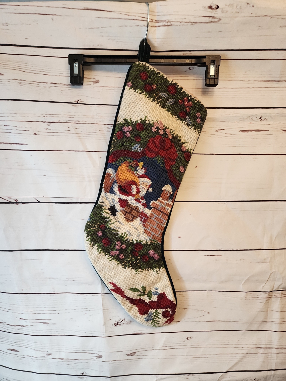 Handcrafted Needlepoint Christmas Stocking with Santa Scene - Cream and Red